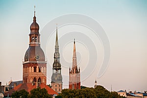 Riga Latvia. Close Three Towers Of Riga Cathedral, St. Peter's Church
