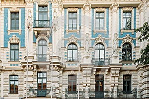 Riga, Latvia. Facade Of Art Nouveau Building Designed by Mikhail