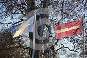 Riga and latvia flag in winter