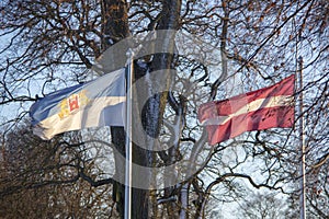 Riga and latvia flag in winter