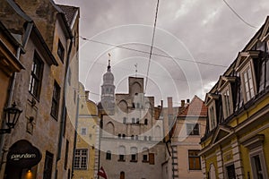 RIGA, LATVIA: front view of Three Brothers, early Renaissance style houses on Maza Pils iela in Old Riga Town