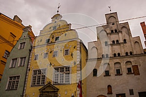 RIGA, LATVIA: front view of Three Brothers, early Renaissance style houses on Maza Pils iela in Old Riga Town