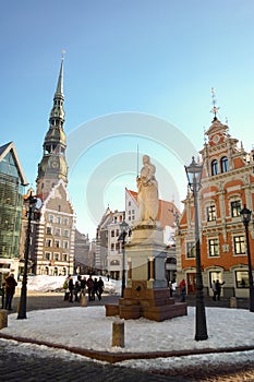 City Hall Square with House of the Blackheads and Saint Peter church in Old Town of Riga, Latvia