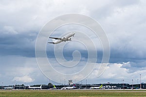 Riga, Latvia - July 3, 2023: GetJet Airlines Boeing 737-83N LY-KUA takes off from RIX International Airport