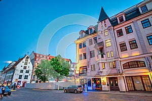 Riga, Latvia - July 7, 2017: Riga old streets and buildings at night