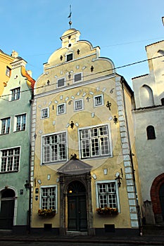 Riga, Latvia - July 10, 2017:  Famous three brothers houses in the old town of Riga, Latvia. It is the oldest complex of dwelling