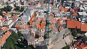 RIGA, LATVIA - MAY, 2019: Aerial panorama view of the old town of Riga by the St. Peters cathedral.