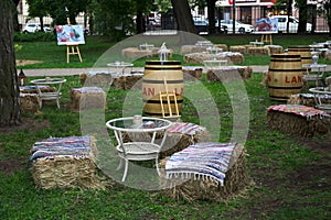 Riga, Latvia - May 24 2019: Cozy looking terrace to enjoy drinks in park