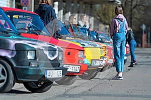 Row of colorful stylish vintage Fiat 126 PanCars rental cars, PanCars is a car rental company