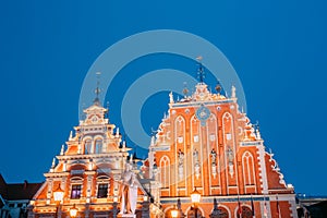 Riga, Latvia. Schwabe House And House Of The Blackheads At Town photo