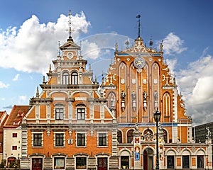 Riga, Latvia. Schwabe House And House Of The Blackheads At Town Hall Square, Ancient Historical Landmark And Popular Touristic pla photo