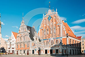 Riga, Latvia. Schwabe House At Town Hall Square, Ancient Historical Landmark photo