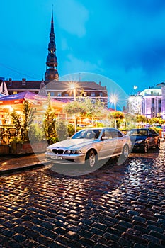 Riga, Latvia. Sedan Car BMW 5 Series E39 Parking Near Open Air L