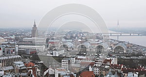 Riga, Latvia. Top View Cityscape In Misty Fog Rainy Day. Latvian Academy Of Sciences, Built On Model Of Moscow Stalin