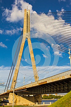 RIGA, LATVIA Vansu Bridge over Daugava River in Riga, Latvia. One of five big bridges in Riga and the only cable-stayed