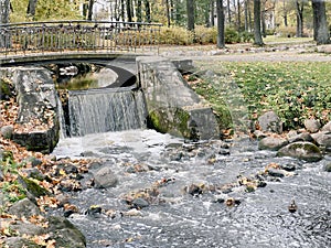 Riga. Lovers bridge and waterfall in Arkadai park