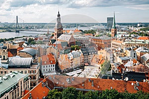 Riga old town panoramic view from St. Peter`s Church observatory in Latvia