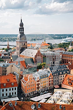 Riga old town panoramic view from St. Peter`s Church observatory in Latvia