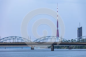 Riga Railway bridge with TV tower in background.