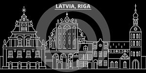 Riga silhouette skyline. Latvia - Riga vector city, latvian linear architecture, buildings. Riga travel illustration