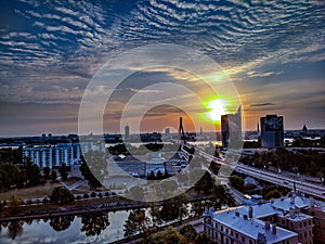 Riga, sunrise, bridge, river, sky