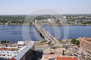 Riga. The top view on Ratushnuyu Square, Dvina and stone bridge