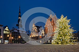 Riga Town Hall Square with a decorated Christmas tree before the Christmas holidays in downtown of old Riga, Latvia