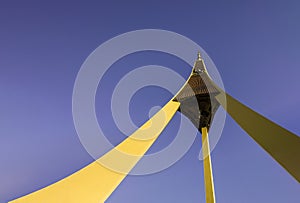 Riga TV tower from low angle against clear blue sky