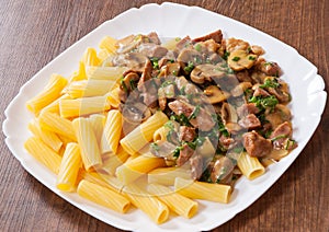 Rigatoni pasta with meat and mushroom sauce