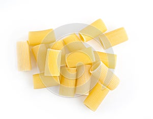 Rigatoni raw pasta isolated on white
