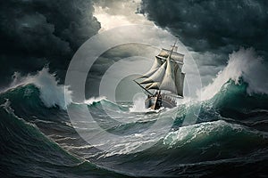 rigged sailboat on high waves sailing in a storm