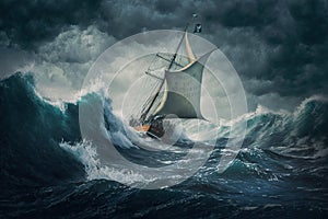 rigged sailboat on high waves sailing in a storm