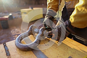 Rigger wearing a safety glove inspecting, tagging safety crane lifting 17 tone equipment with green plastic tag prior used photo