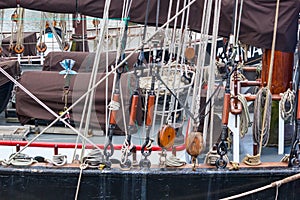 Rigging and details of marine equipment of sailboat closeup - ropes, pulley