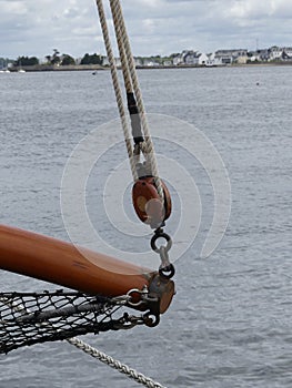 Rigging details on wooden sailing boat