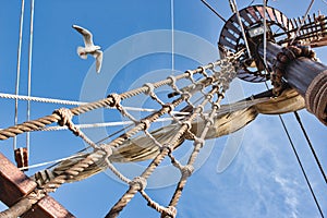Rigging and mast of an old-fashioned sailing boat with a seagull flying against a blue sky
