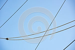 Rigging rope system with pulley in the blue sky