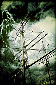 Rigging of a tall sailing ship in rain and thunderstorm