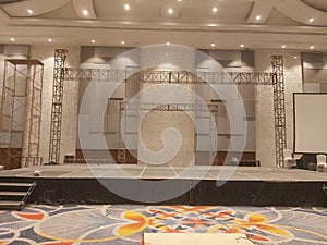 Rigging truss and empty stage before event