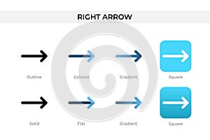 right arrow icon in different style. right arrow vector icons designed in outline, solid, colored, gradient, and flat style.