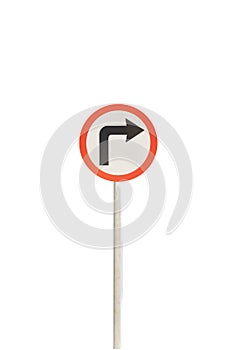 Right arrow with red edge circular badge with old rusted iron pole. Traffic sign signage. isolated with white background