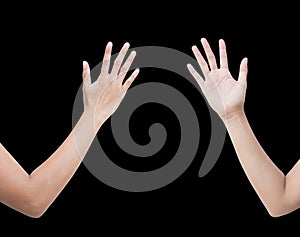 The right back and front side hand of the woman show Rock Paper Scissors sign for find the winners fair in the game. show paper