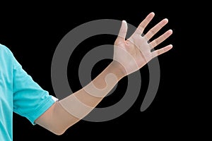 Right back hand of a man trying to reach or grab something. fling, touch sign. Reaching out to the left. isolated on white