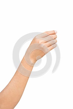 Right back hand of a man trying to reach or grab something. fling, touch sign. Reaching out to the left. isolated on white