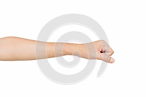 Right back hand of a man trying to reach or grab something. fling, touch sign. Reaching out to the left. isolated on white