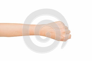 Right back hand of a man trying to reach or grab something. fling, touch sign. Reaching out to the left. isolated on white