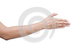 Right back hand of a woman trying to reach or grab something. fling, touch sign. Reaching out to the left. isolated on white