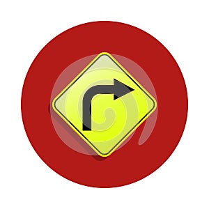 Right bend icon in badge style. One of road sings collection icon can be used for UI, UX