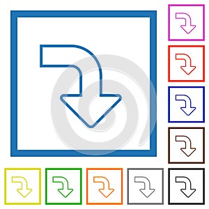 Right bottom side turn arrow outline flat framed icons