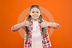 Right choice. Recommendations and advice. Girl cute child show thumbs up gesture. Kid show thumbs up. Girl happy fond of